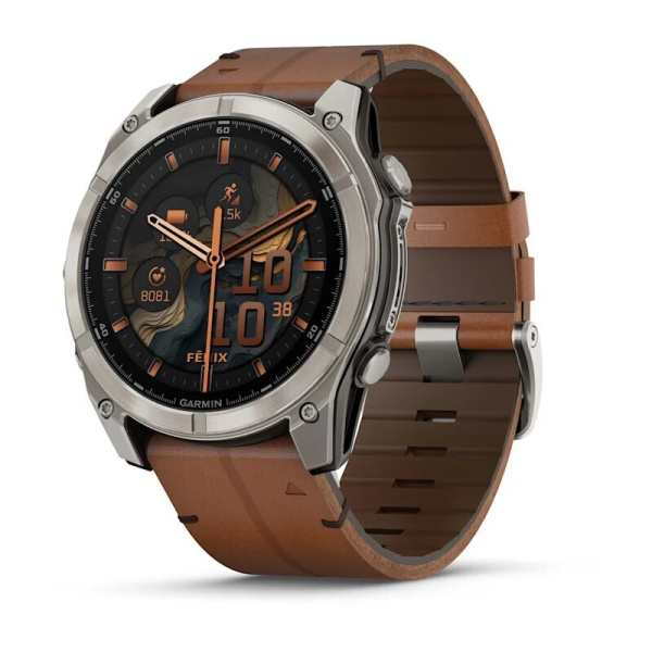Смарт часы Garmin Fenix 8, 51 мм, AMOLED, Sapphire bare Titanium, black with chestnut leather band plus graphite silicone band