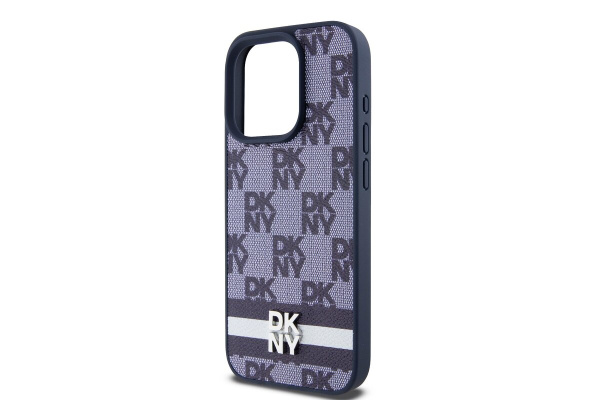 Чехол DKNY PU Checkered Printed stripes Metal logo Hard Blue для iPhone 15 Pro, синий