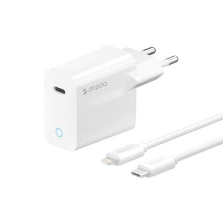 Сетевое ЗУ Deppa USB Type-C, Power Delivery, 20Вт + кабель USB-C - Lightning MFI, белый (11425)