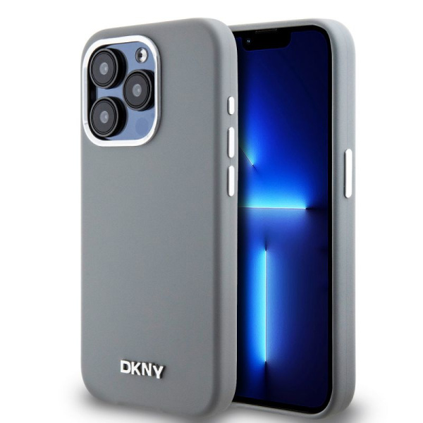 Чехол DKNY Liquid Silicone Metal logo and Camera frame Hard Grey (MagSafe) для iPhone 15 Pro Max, серый