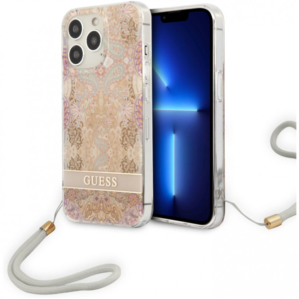 Чехол CG Mobile Guess PC/TPU Flower pattern Hard + Hand cord для iPhone 13 Pro, цвет Золотой (GUHCP13LHFLSD)