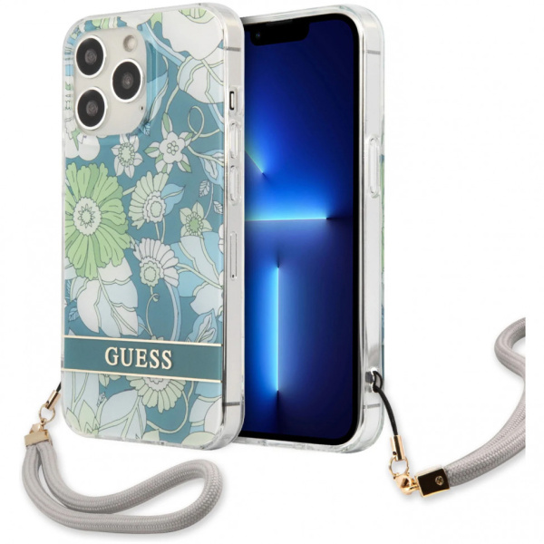 Чехол CG Mobile Guess PC/TPU Flower pattern Hard + Hand cord для iPhone 13 Pro Max, цвет Зеленый (GUHCP13XHFLSN)