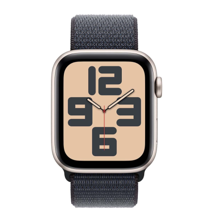 Apple Watch SE (2024), 44 мм корпус из алюминия цвета «Starlight», ремешок Sport Loop цвета «Ink»