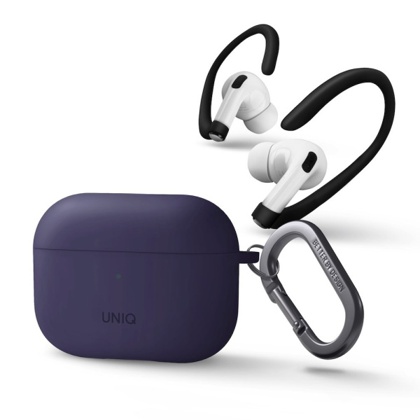 Чехол с карабином Uniq NEXO Liquid silicone +carabin +Sports ear hooks для AirPods Pro 2, цвет фиолетовый (AIRPODSPRO2-NEXOPUR)