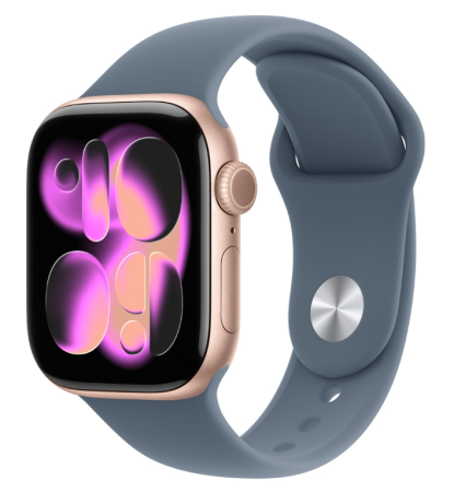Apple Watch Series 11, 46 мм корпус из алюминия цвета «Rose Gold», ремешок Sport Band цвета «Anchor Blue»