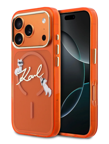 Чехол Lagerfeld IML NFT Choupettes Script logo Metal Cam Hard Orange (MagSafe)  для iPhone 17 Pro