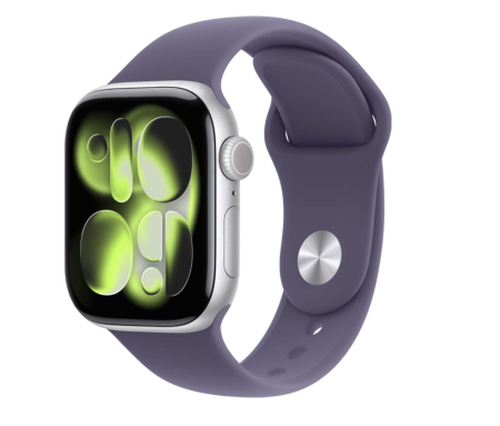 Apple Watch Series 11, 42 мм корпус из алюминия цвета «Silver», ремешок Sport Band размера S/M цвета «Purple Fog»