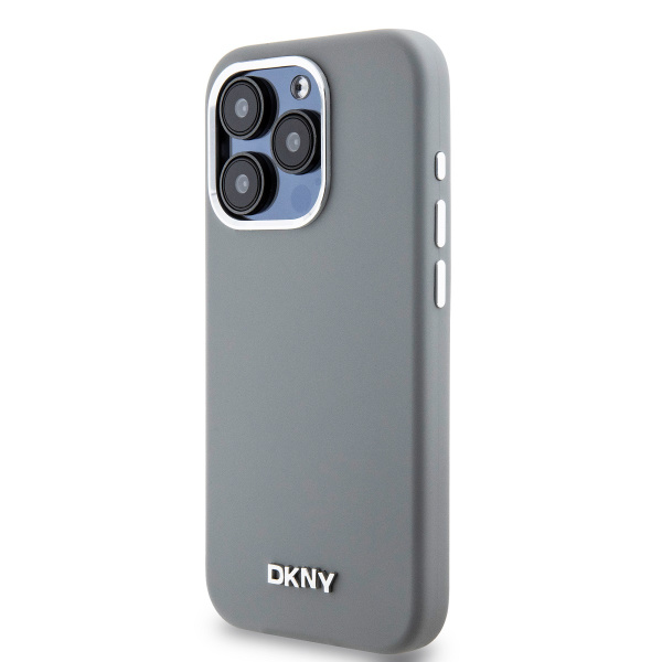 Чехол DKNY Liquid Silicone Metal logo and Camera frame Hard Grey (MagSafe) для iPhone 15 Pro, серый