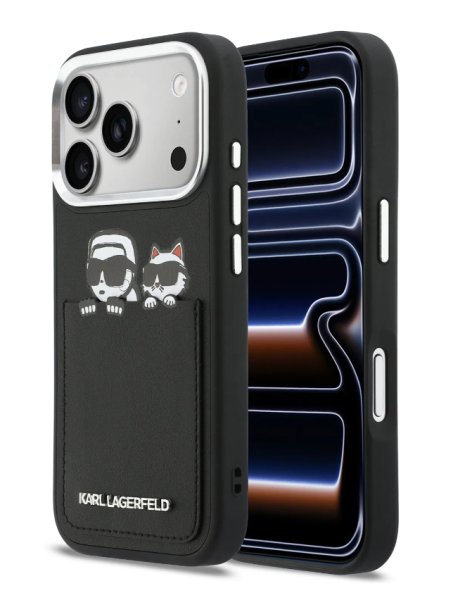 Чехол Lagerfeld PU Smooth Sketch Karl&Choup Metal Cam with Cardslot Hard Black для iPhone 17 Pro Max
