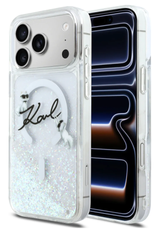 Чехол для Lagerfeld Liquid Glitter NFT Choupettes Script logo Hard Transp (MagSafe) для iPhone 17 Pro
