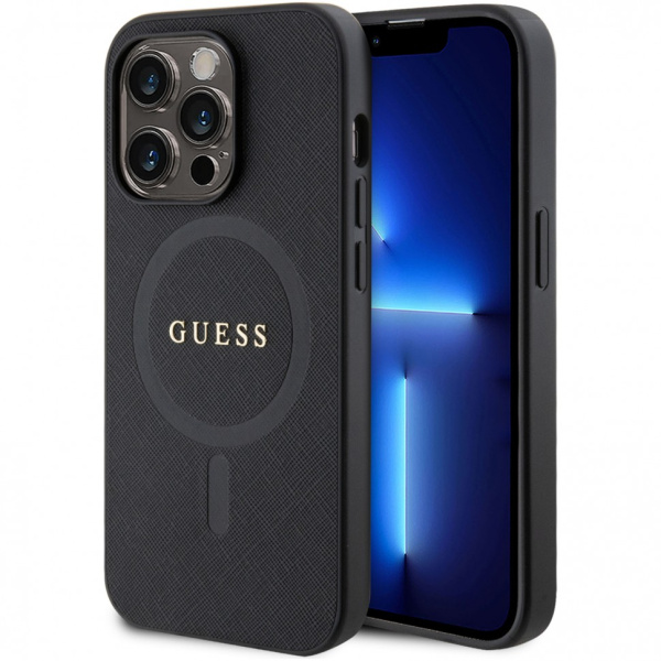 Чехол Guess PU Saffiano with metal logo Hard (MagSafe) для iPhone 15 Pro Max, цвет Черный