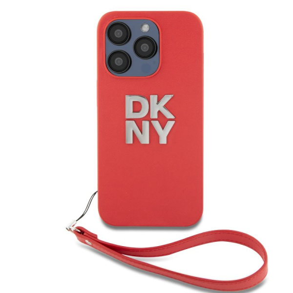 Чехол DKNY PU Stack metal logo Hard + Hand strap Pink для iPhone 15 Pro Max, розовый