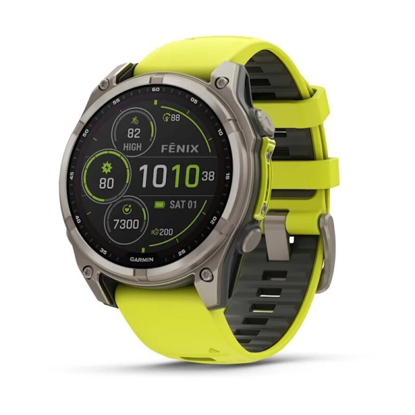 Смарт часы Garmin Fenix 8, 47 мм, Solar, Sapphire Titanium with AMP yellow/graphite silicone band