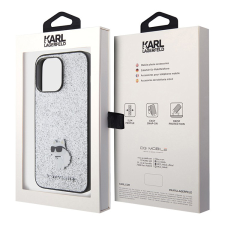Чехол Karl Lagerfeld Fixed glitters NFT Choupette Metal pin Hard для iPhone 15 Pro Max, Silver