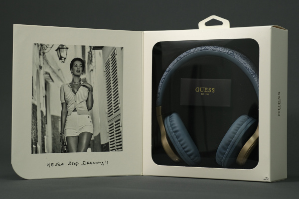Беспроводные наушники Guess Bluetooth Headphones Sound PU 4G Script Metal Logo Blue, голубой