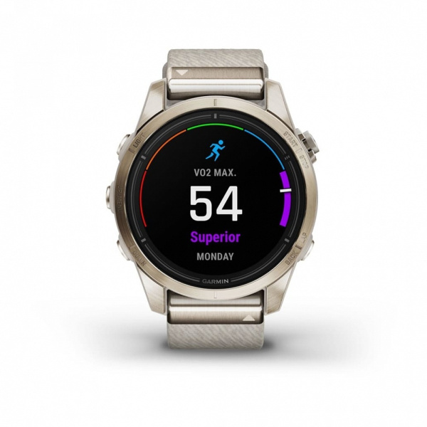 Смарт часы Garmin Epix Pro (Gen 2) Sapphire Edition 42 мм, золотистый корпус с нейлоновым ремешком сливочного цвета