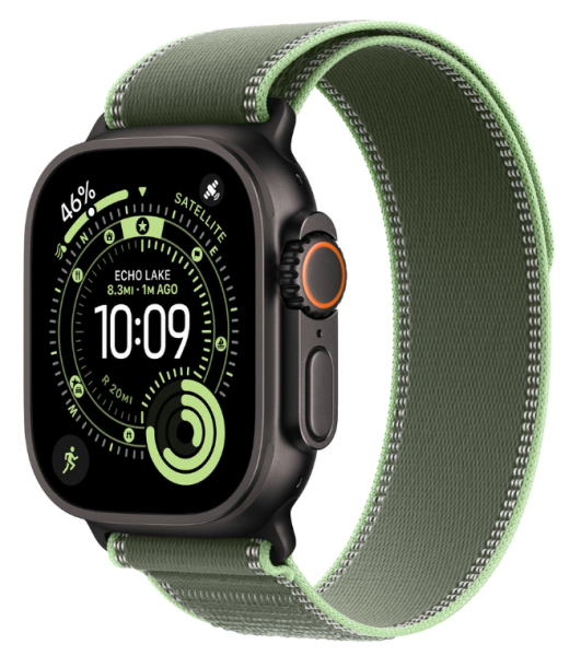 Apple Watch Ultra 3 (2025), 49 мм корпус из титана цвета «Black», ремешок Trail Loop размера, цвета «Green/Neon»