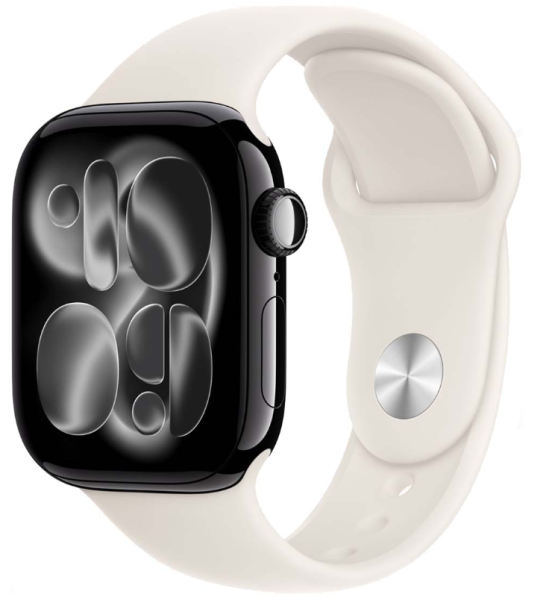 Apple Watch Series 11, 46 мм корпус из алюминия цвета «Jet Black», ремешок Sport Band цвета «Starlight»