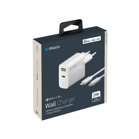 СЗУ Deppa USB-C + USB A, PD 3.0, QC 3.0, 20W, дата-кабель USB-C - Lightning (MFI), 1.2м, белый (11396)