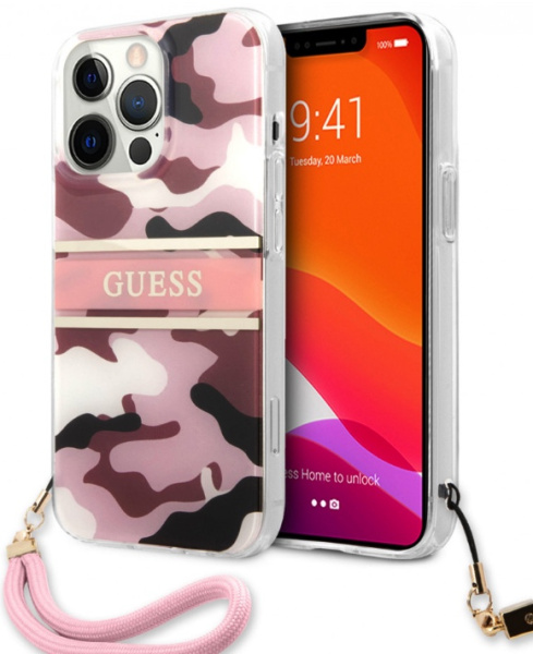 Чехол CG Mobile Guess PC/TPU CAMO Hard + Nylon hand cord для iPhone 13 Pro Max, цвет Розовый камуфляж (GUHCP13XKCABPI)