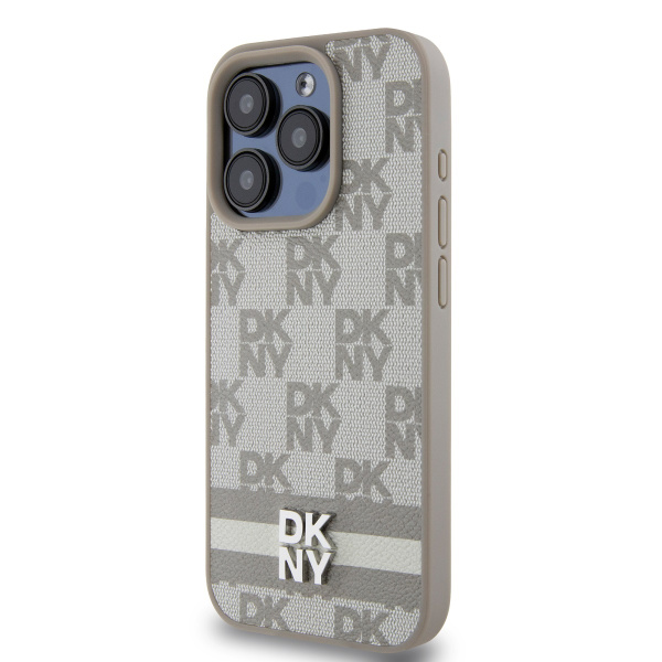 Чехол DKNY PU Checkered Printed stripes Metal logo Hard Beige для iPhone 15 Pro Max, бежевый