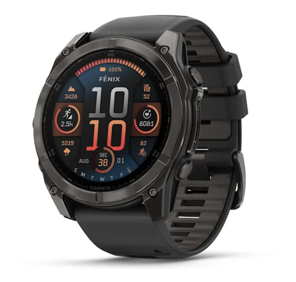 Смарт часы Garmin Fenix 8, 51 мм, AMOLED, Sapphire Carbon Gray DLC Titanium with Black/Pebble Gray Silicone