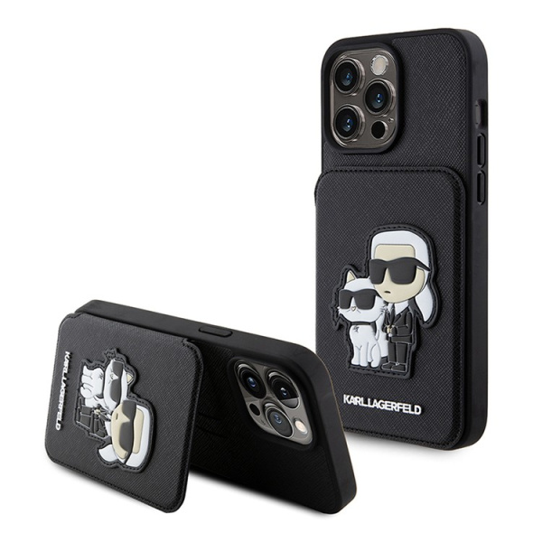 Чехол Lagerfeld Cardslot Stand PU Saffiano NFT Karl & Choupette Hard для iPhone 15 Pro, Black