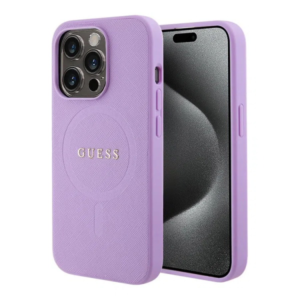 Чехол Guess PU Saffiano with metal logo Hard (MagSafe) для iPhone 15 Pro Max, цвет Фиолетовый