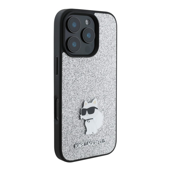 Чехол Karl Lagerfeld Fixed glitters NFT Choupette Silver для iPhone 16 Pro Max, серебристый