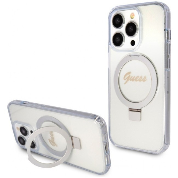 Чехол Guess PC/TPU Script logo + Ring stand Hard (MagSafe) для iPhone 15 Pro Max, цвет Блестящий прозрачный