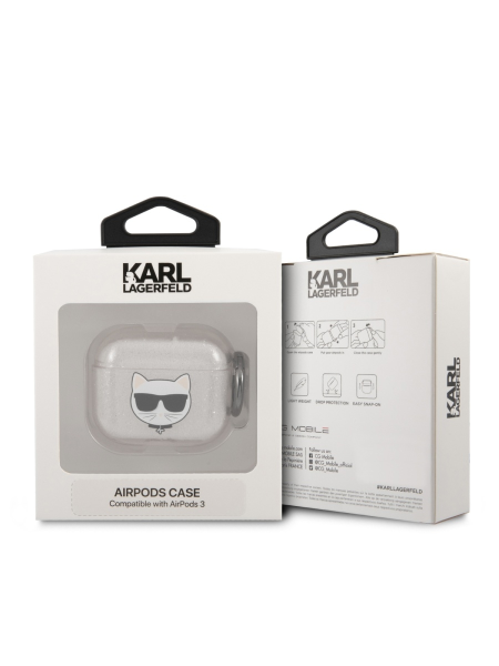 Чехол с карабином CG Mobile Karl Lagerfeld TPU Choupette Glitters with ring для AirPods 3, цвет Серебристый (KLA3UCHGS)