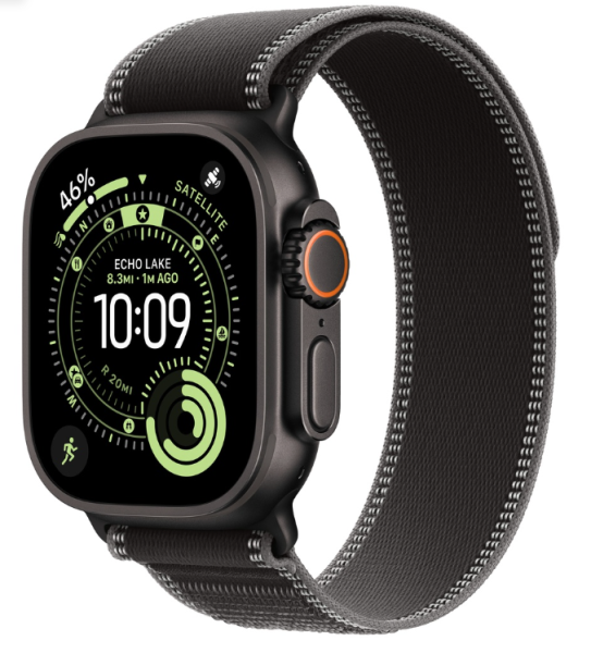 Apple Watch Ultra 3 (2025), 49 мм корпус из титана цвета «Black», ремешок Trail Loop размера, цвета «Black/Charcoal»