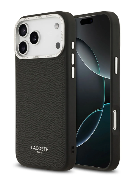 Чехол Lacoste PU Grained Metal Foil logo & Cam Hard Black/Silver (MagSafe) для iPhone 17 Pro Max