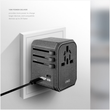 Сетевое зарядное устройство Uniq Voyage PD World Adapter для 150+ стран PD18W, цвет Черный (VOYAGE(PD)-GBLACK)