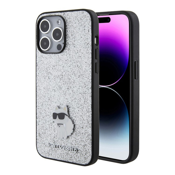 Чехол Karl Lagerfeld Fixed glitters NFT Choupette Metal pin Hard для iPhone 15 Pro, Silver