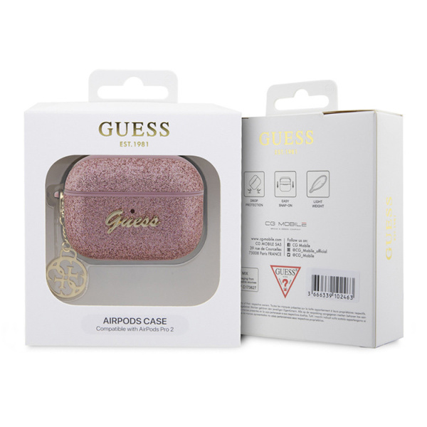 Чехол Guess Glitter flakes Metal logo with Heart charm для Airpods Pro 2 (2022), розовый