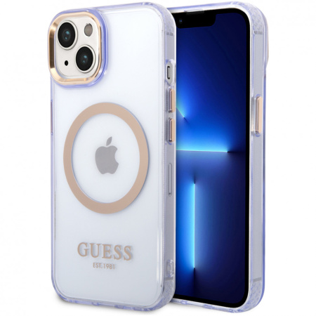Чехол CG Mobile Guess PC/TPU Metal outline Hard (MagSafe) для iPhone 14, цвет Сиреневый/Золотой (GUHMP14SHTCMU)