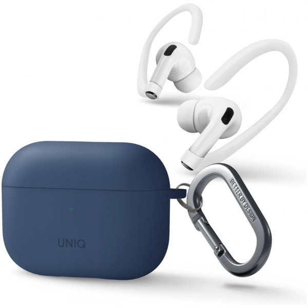 Чехол с карабином Uniq NEXO Liquid silicone + Sports ear hooks для AirPods Pro 2, цвет Синий (AIRPODSPRO2-NEXOBLU)