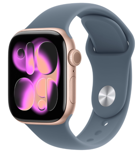 Apple Watch Series 11, 42 мм корпус из алюминия цвета «Rose Gold», ремешок Sport Band цвета «Anchor Blue»
