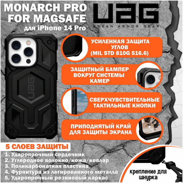 Чехол UAG Monarch Pro с MagSafe Series для iPhone 14 Pro, цвет Черный (Black) (114030114040)