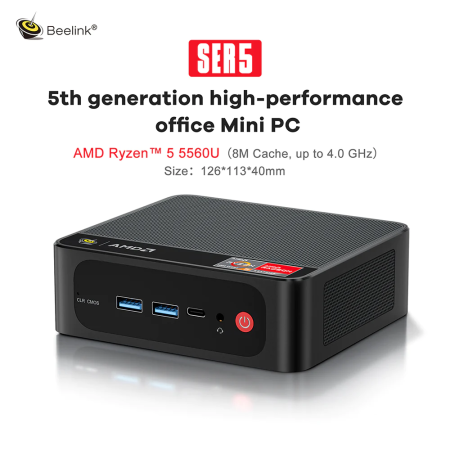 Мини-ПК Beelink SER5, AMD Ryzen 5 5560U (6C/12T, до 4 ГГц), 16 ГБ DDR4 500 ГБ NVMe SSD, мини-компьютер Windows 11 Pro, 4K@60Hz WiFi6 BT5.2 Type-C