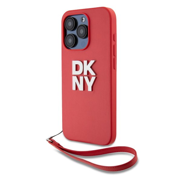 Чехол DKNY PU Stack metal logo Hard + Hand strap Pink для iPhone 15 Pro Max, розовый
