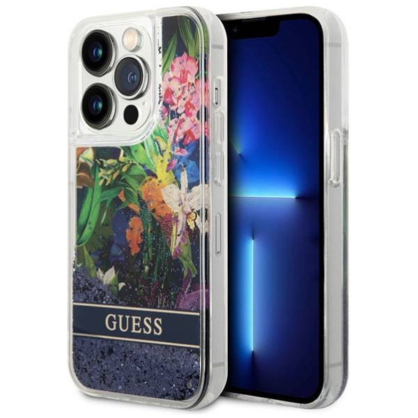 Чехол CG Mobile Guess Liquid Glitter Hard Flower Pattern для iPhone 14 Pro, цвет Синий (GUHCP14LLFLSB)