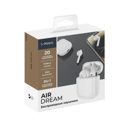 Беспроводные наушники с микрофоном Deppa Air Dream, TWS, BT 5.3, 300 мАч, белый (44160)