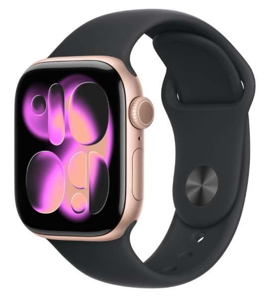 Apple Watch Series 11, 46 мм корпус из алюминия цвета «Rose Gold», ремешок Sport Band цвета «Black»