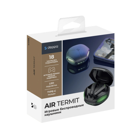Игровые беспроводные наушники Deppa Air Termit, BT 5.3, зарядный чехол 350 мАч, черный (44198)