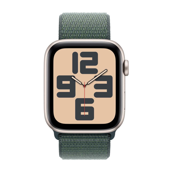 Apple Watch SE (2024), 44 мм корпус из алюминия цвета «Starlight», ремешок Sport Loop цвета «Lake Green»