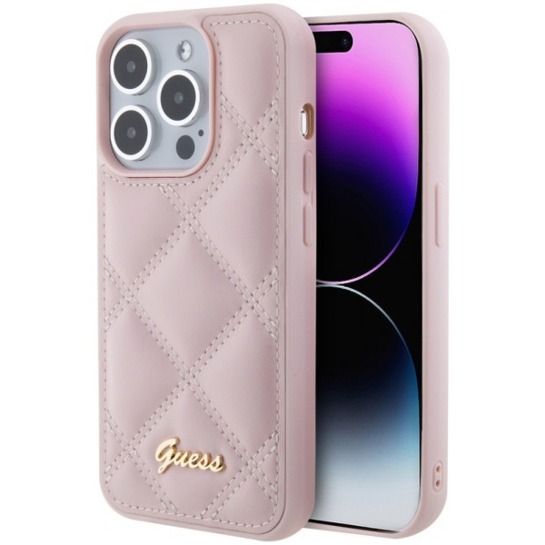 Чехол Guess PU Quilted with Script metal logo Hard для iPhone 15 Pro, цвет Розовый