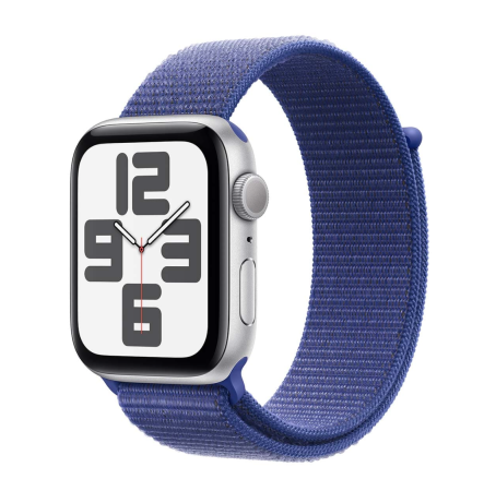 Apple Watch SE (2024), 44 мм корпус из алюминия цвета «Silver», ремешок Sport Loop цвета «Ultramarine»