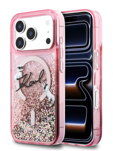 Чехол Lagerfeld Liquid Glitter NFT Choupettes Script logo Hard Pink (MagSafe) для iPhone 17 Pro